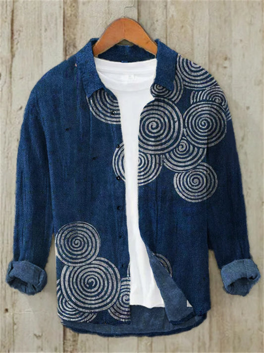 Sea Waves Ripples Japanese Lino Art Casual Shirt (Navy Blue)