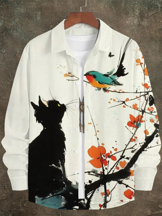 Black Cat & Bird Japanese Art Men's Linen Long Sleeve Shirt