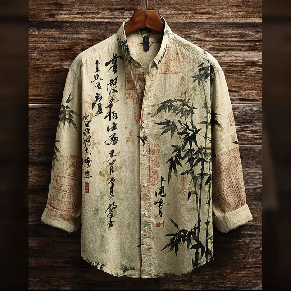 Japanese Art Style Retro Men's Cotton-blend Shirt