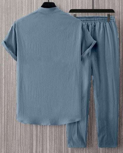 Men's Two Piece Outfits Summer Comfortable Casual Short Sleeves Shirt And Pant In Blue Without Tee