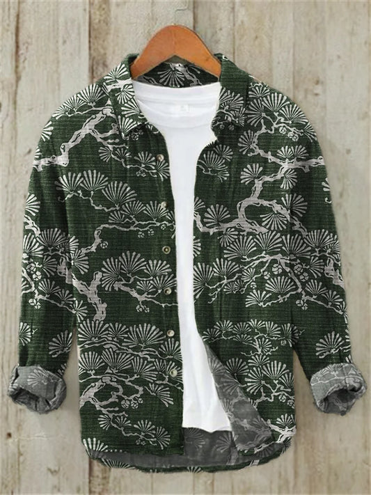 Pine Trees Japanese Lino Art Pattern Linen Blend Shirt (Green)