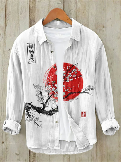 Men's Vintage Japanese Art Sunrise Casual Linen Blend Shirt (Light gray)