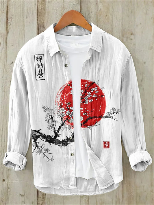 Men's Vintage Japanese Art Sunrise Casual Linen Blend Shirt (Light gray)