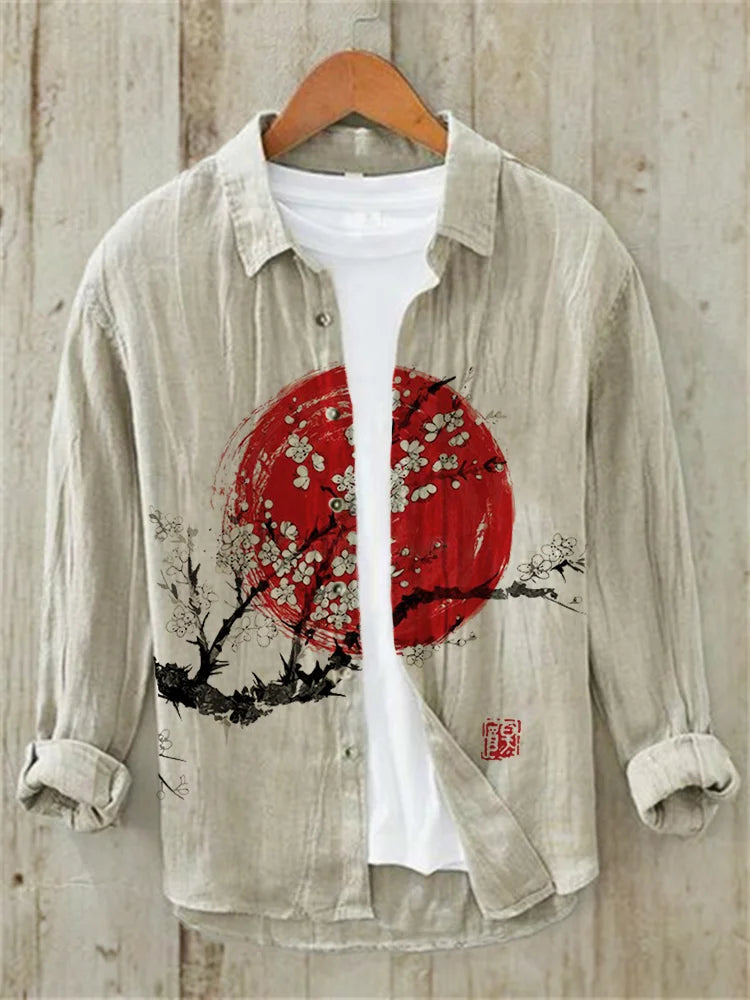 Plum Blossom Full Moon Night Japanese Art Linen Blend Shirt