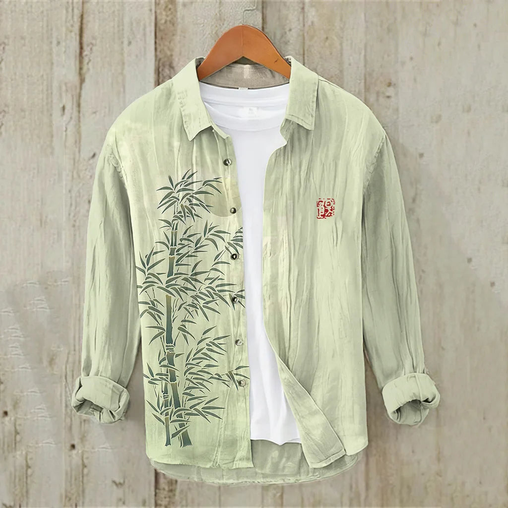 Bamboo Forest Full Moon Night Japanese Art Casual Linen Blend Shirt