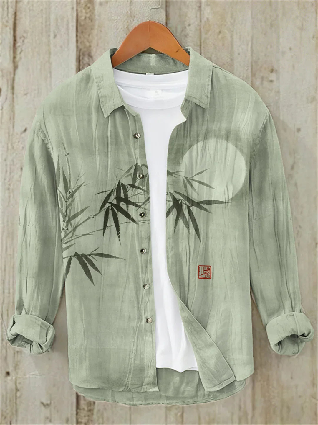 Bamboo & Moon Japanese Art Casual Linen Blend Shirt (Green)