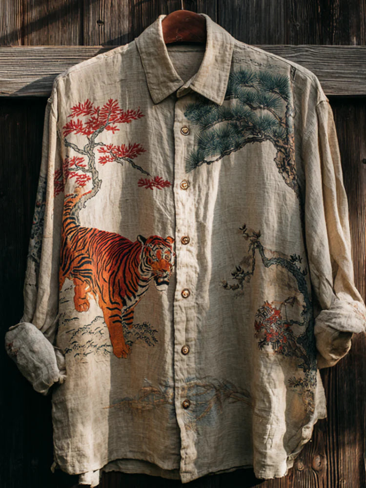 Japanese Art Style Creative Tiger Pattern Men's Retro Cotton And Linen Shirt