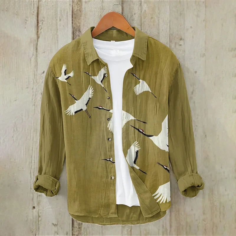 Japanese Ukiyoe Crane Painting Vintage Cotton And Linen Shirt