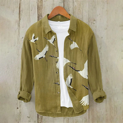 Japanese Ukiyoe Crane Painting Vintage Cotton And Linen Shirt