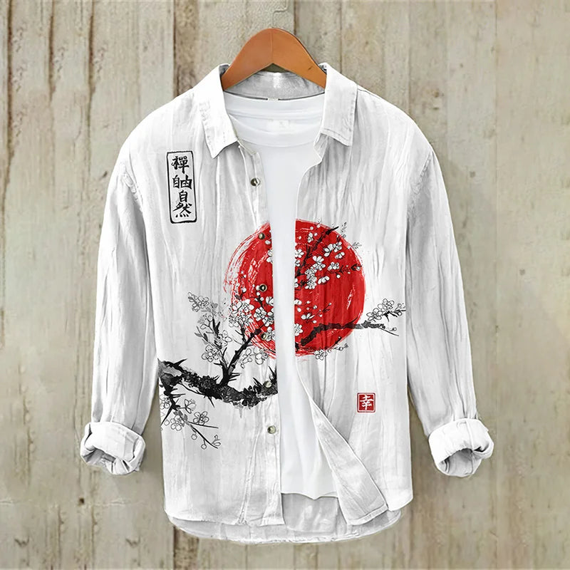 Men's Vintage Japanese Art Sunrise Casual Linen Blend Shirt (Light gray)