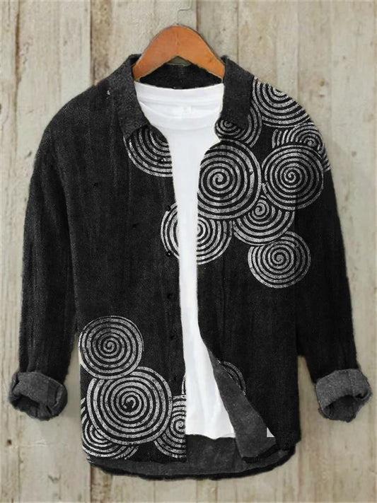 Sea Waves Ripples Japanese Lino Art Casual Shirt (Black)