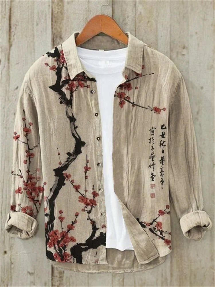 Men's Floral Ink Painting Vintage Cotton And Linen Shirt