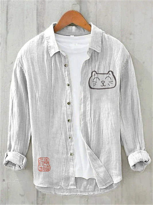 Japanese Art Cat Print Cozy Cotton Linen Shirt