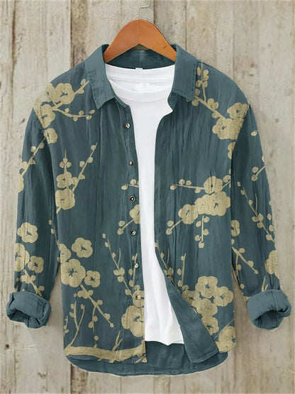 Men's Vintage Sakura Japanese Art Button Linen Blend Shirt