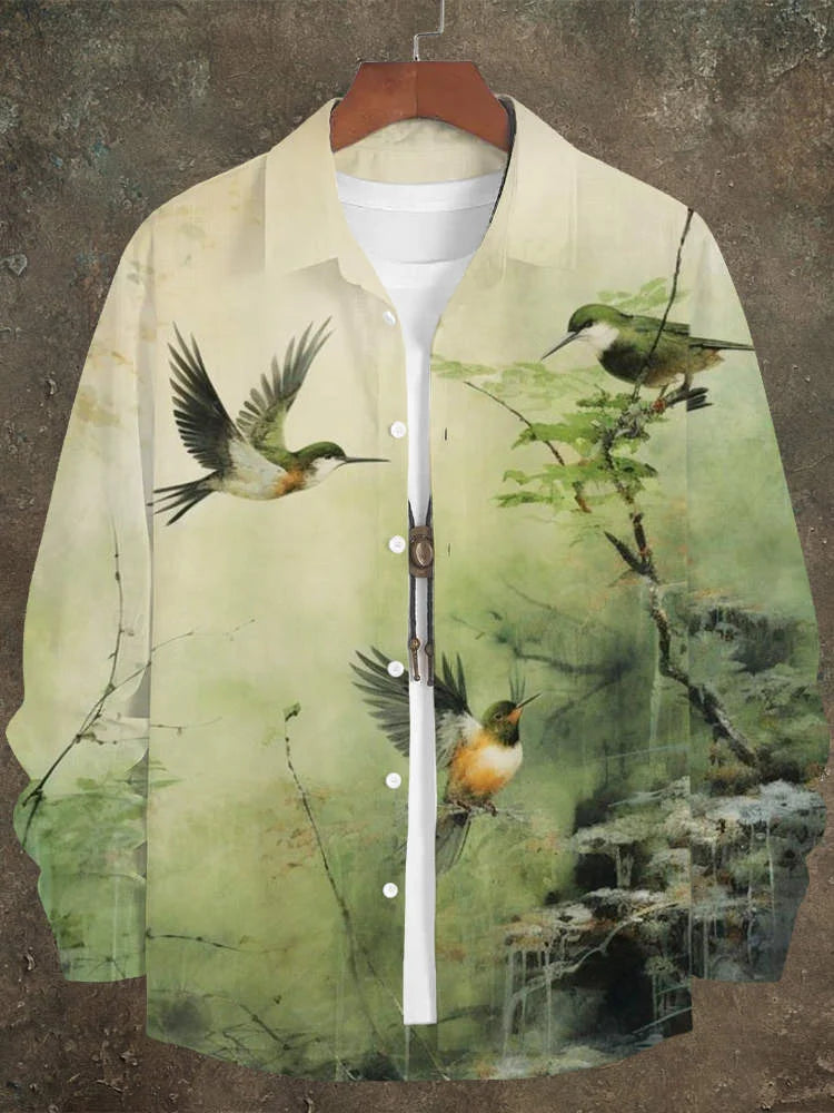 Vintage Japanese Bird & Flower Men's Linen Long Sleeve Shirt