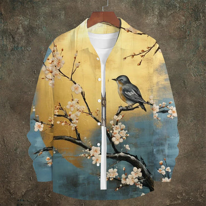 Japanese Vintage Bird & Flower Men's Linen Long Sleeve Shirt