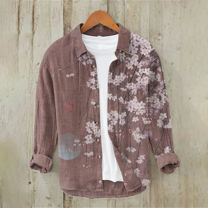 Men's Vintage Japanese Art Floral Moon Casual Linen Blend Shirt