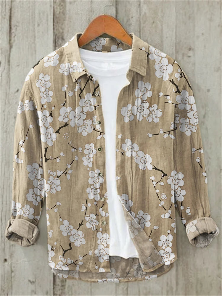 Plum Blossom Japanese Lino Pattern Linen Blend Shirt (Dark Grey)
