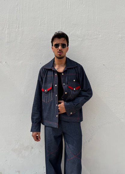 Blue Red Denim Jacket & Pants set