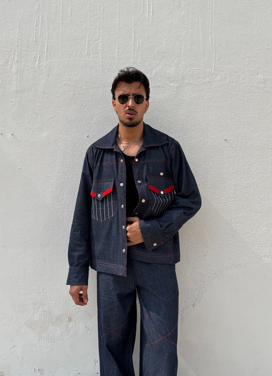 Blue Red Denim Jacket & Pants set