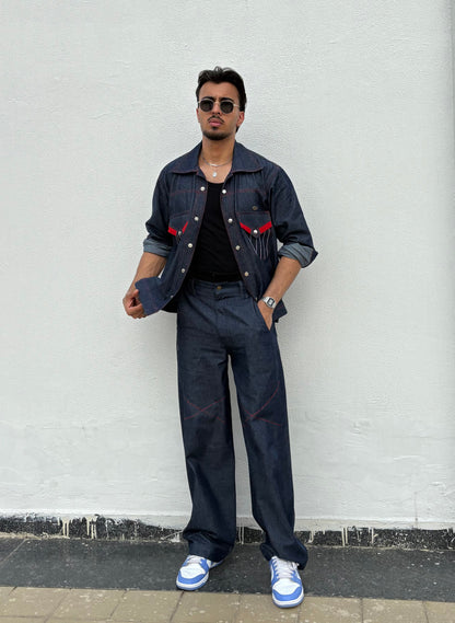 Blue Red Denim Jacket & Pants set