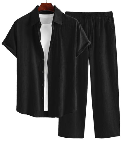 Men's Two Piece Outfits Summer Comfortable Casual Short Sleeves Shirt And Pant In Black Without Tee