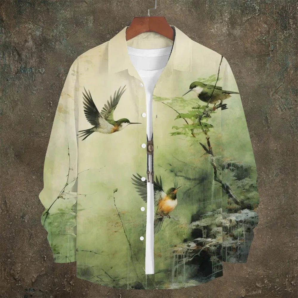 Vintage Japanese Bird & Flower Men's Linen Long Sleeve Shirt