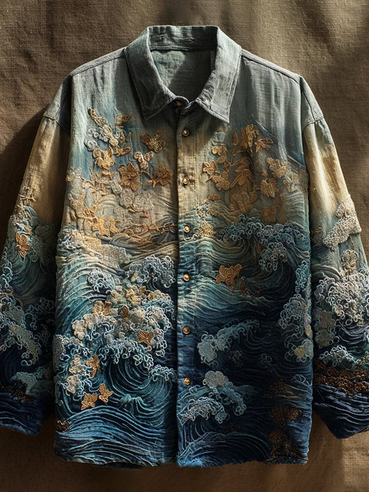 Vintage Japanese Wave Art Men's Long Sleeve Shirt
