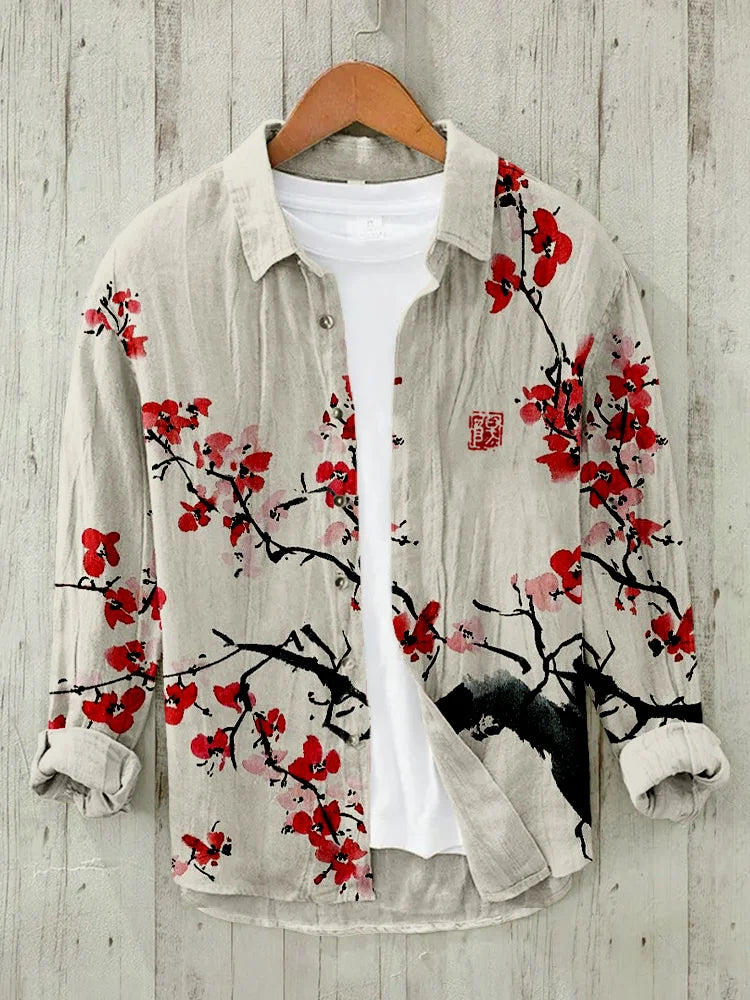 Japanese Cherry Blossom Art Linen Blend Blouse (Beign)