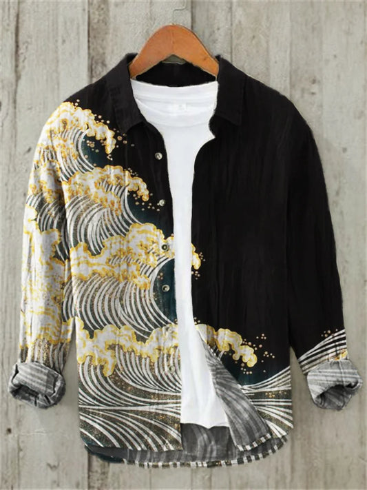 Great Sea Waves Japanese Art Linen Blend Shirt