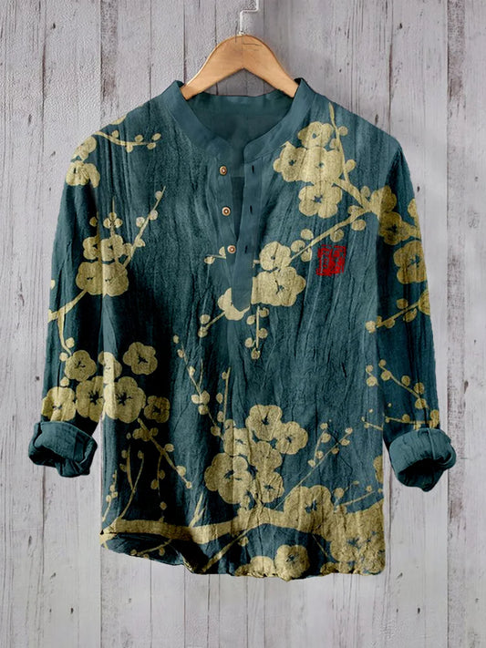 Japanese Plum Blossom Art Long Sleeve Linen Blend Shirt