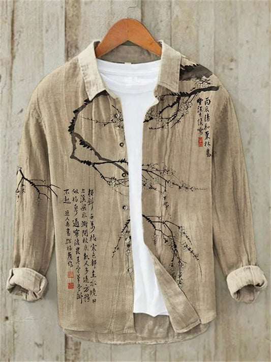 Men'S Floral Ink Painting Vintage Cotton And Linen Shirt