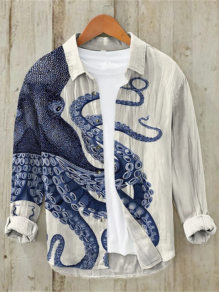 Japanese Art Octopus Printed Long Sleeves Shirt (Beige)