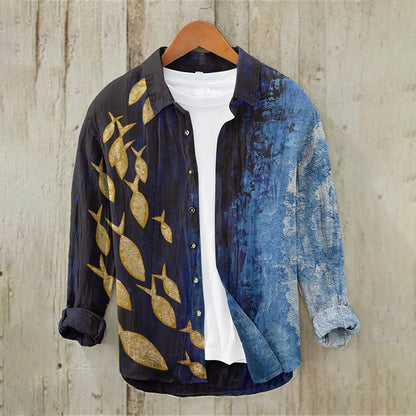 Japanese Art A School Of Fish V Neck Casual Linen Blend Shirt