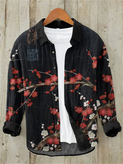 Men's Vintage Japanese Art Plum Blossom Casual Linen Blend Shirt