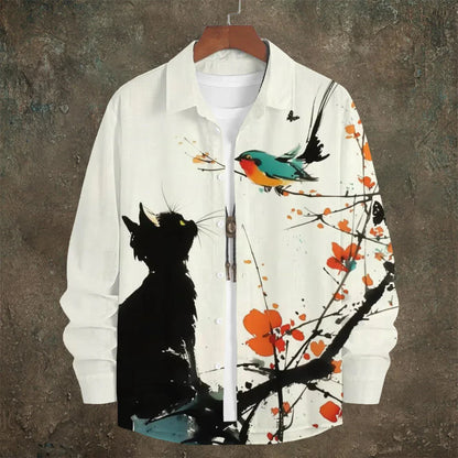 Black Cat & Bird Japanese Art Men's Linen Long Sleeve Shirt