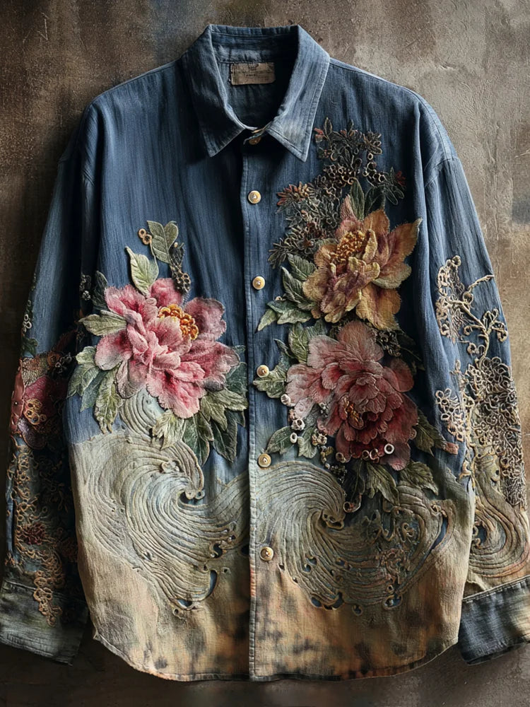Vintage Peony Floral Japanese Style Men's Linen Long Sleeve Shirt
