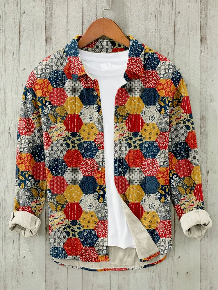 Traditional Japanese Patchwork Pattern Linen Blend Blouse