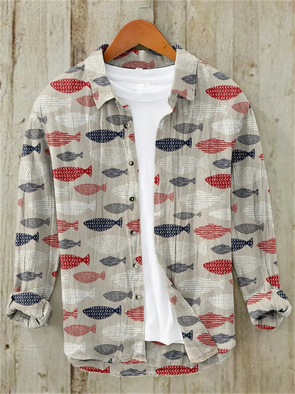 Fish Vintage Japanese Art Cotton And Linen Shirt