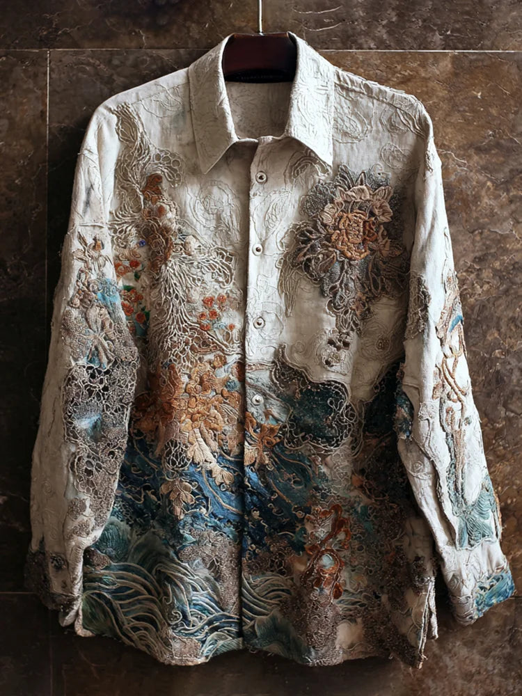 Vintage Japanese Wave & Floral Art Men's Long Sleeve Shirt