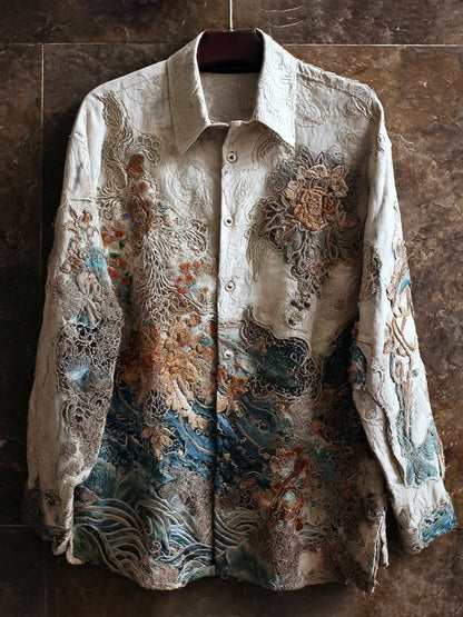 Vintage Japanese Wave & Floral Art Men's Long Sleeve Shirt