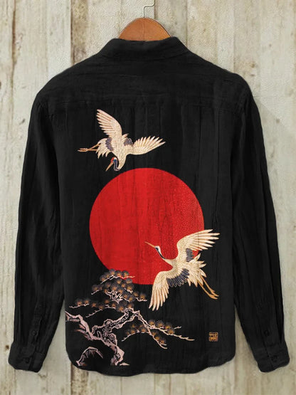Cranes & Pine Tree Sunrise Japanese Art Linen Blend Shirt
