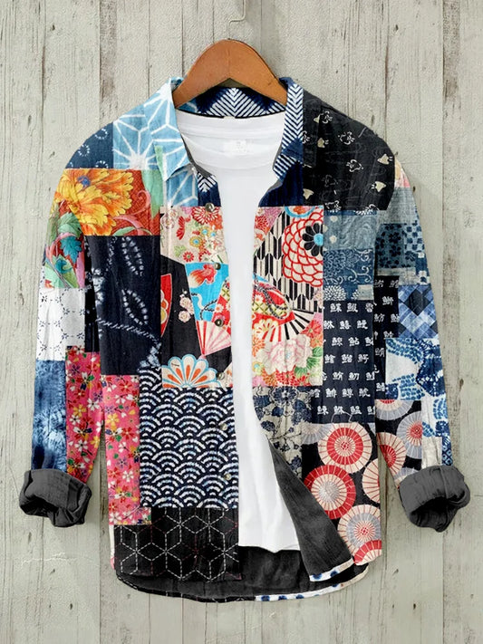 Patchwork Japanese Art Pattern Linen Blend Blouse