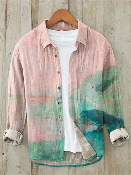 Ink Landscape Print Linen Long Sleeve Shirt