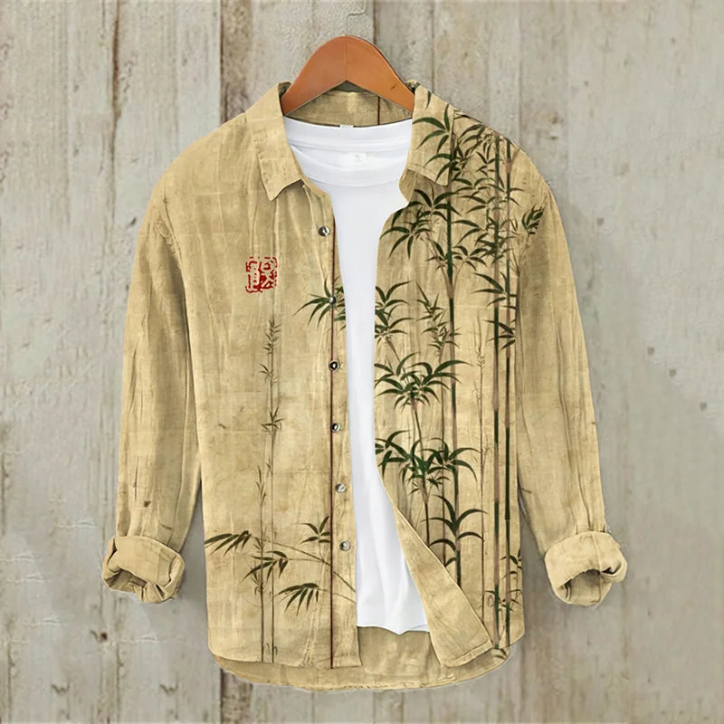 Bamboo Japanese Art Casual Linen Blend Shirt (Khaki)