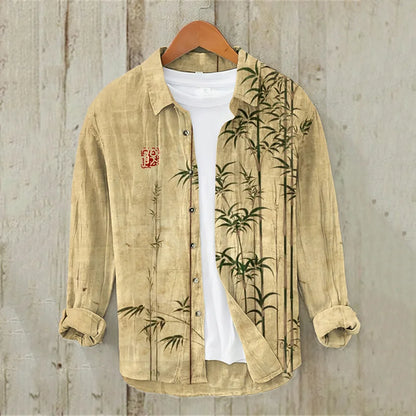 Bamboo Japanese Art Casual Linen Blend Shirt (Khaki)