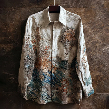 Vintage Japanese Wave & Floral Art Men's Long Sleeve Shirt