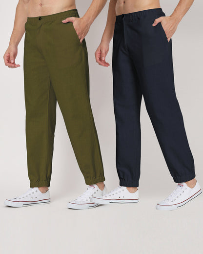 Combo: Olive Green & Midnight Blue Jog Men's Pants - Set of 2