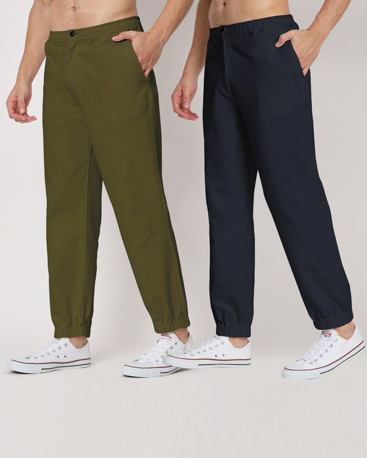 Combo: Olive Green & Midnight Blue Jog Men's Pants - Set of 2